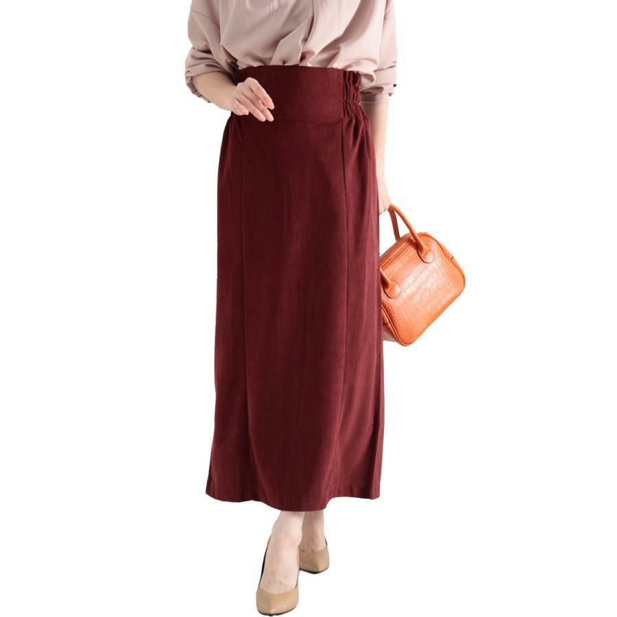 大きいサイズ レディース コーデュロイハイウエストナロースカート　maru-6602 ボルドー