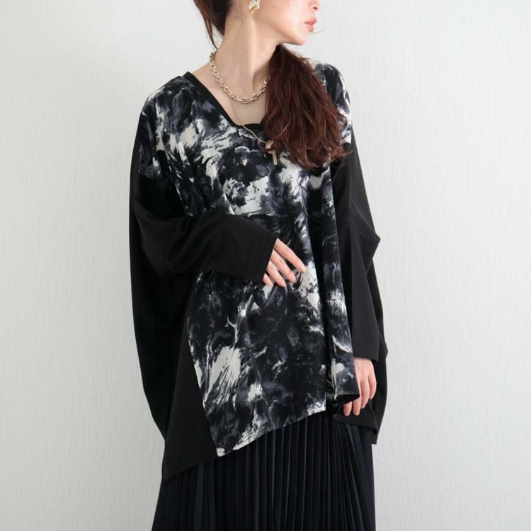 大きいサイズ レディース 柄切替えドルマンプルオーバー　maru-6601 【メール便可】 ブラック