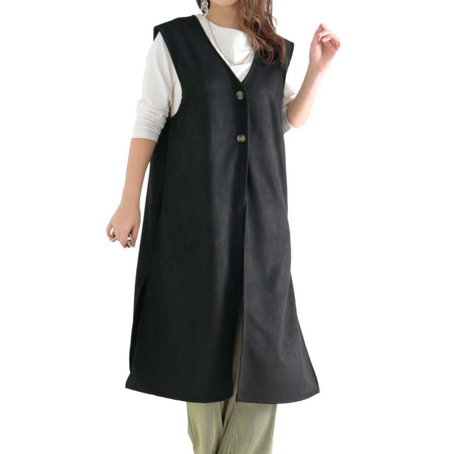 大きいサイズ レディース スエードロングジレ　sada-6817 ブラック