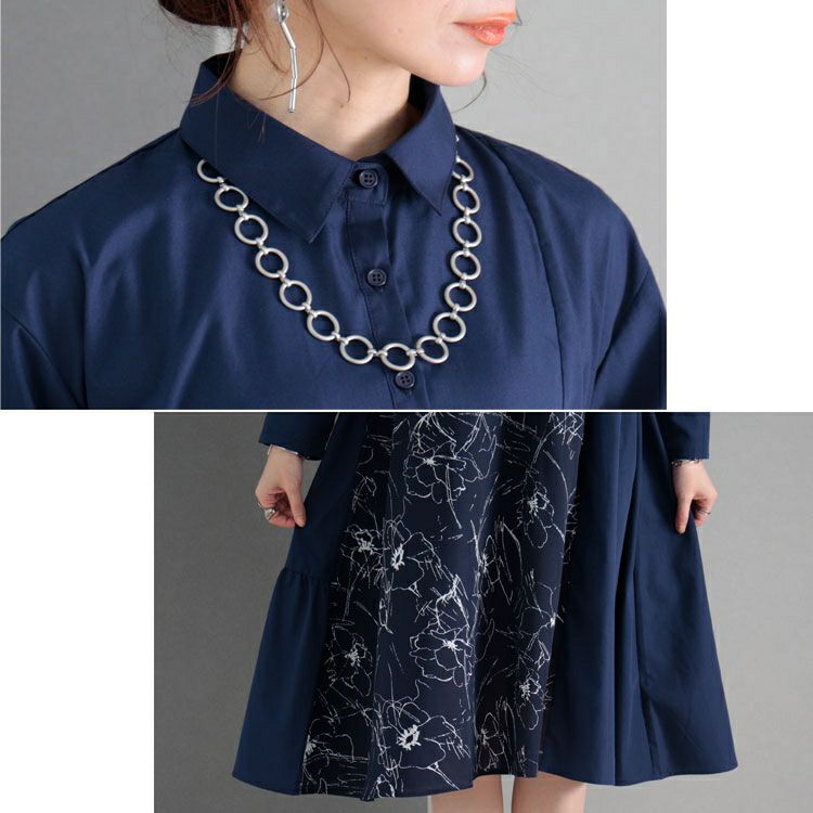 大きいサイズ レディース 花柄切替えアシメシャツワンピース　fem-278 【ゆうパケット可】