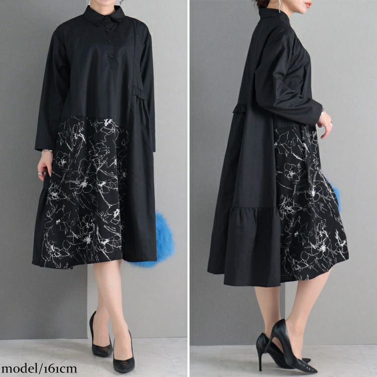 大きいサイズ レディース 花柄切替えアシメシャツワンピース　fem-278 【ゆうパケット可】