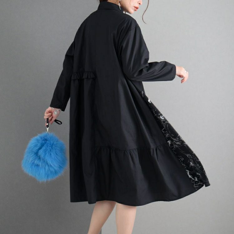 大きいサイズ レディース 花柄切替えアシメシャツワンピース　fem-278 【ゆうパケット可】