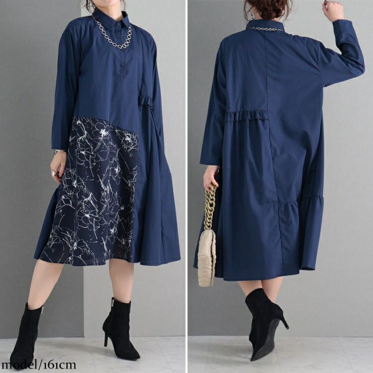 大きいサイズ レディース 花柄切替えアシメシャツワンピース　fem-278 【ゆうパケット可】