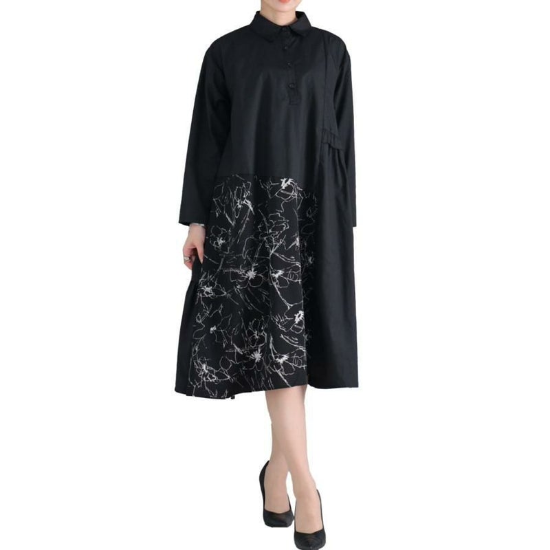 大きいサイズ レディース 花柄切替えアシメシャツワンピース　fem-278 【ゆうパケット可】 ブラック
