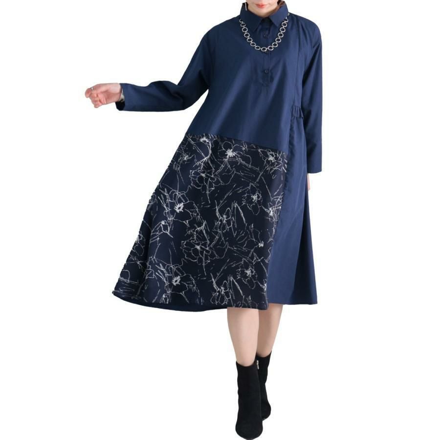 大きいサイズ レディース 花柄切替えアシメシャツワンピース　fem-278 【ゆうパケット可】 ネイビー