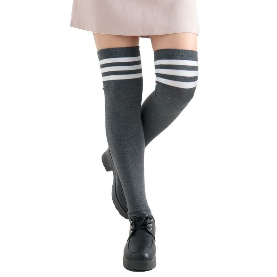大きいサイズ レディース ラインハイソックス　goldy-1079 【メール便可】 グレー