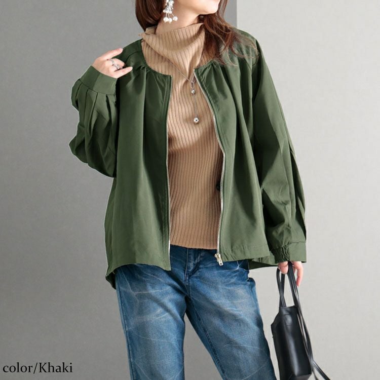 大きいサイズ レディース タックボリュームスリーブZIPブルゾン　maru-6616 【メール便可】