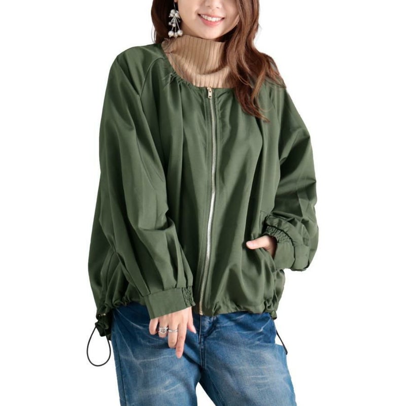 大きいサイズ レディース タックボリュームスリーブZIPブルゾン　maru-6616 【メール便可】 カーキ