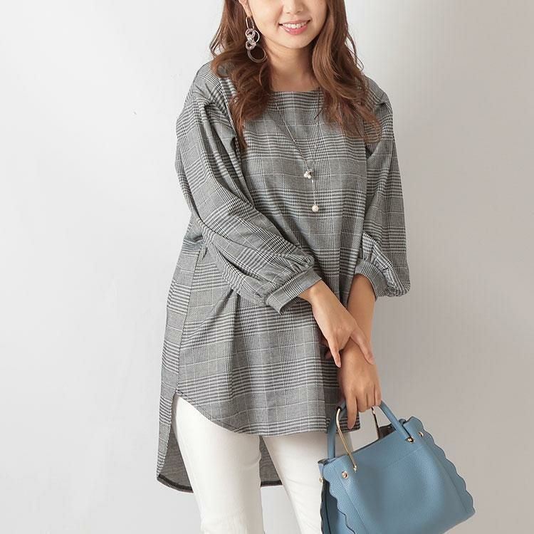 大きいサイズ レディース グレンチェック柄ジャガードチュニック　mncut-122454 ブラック