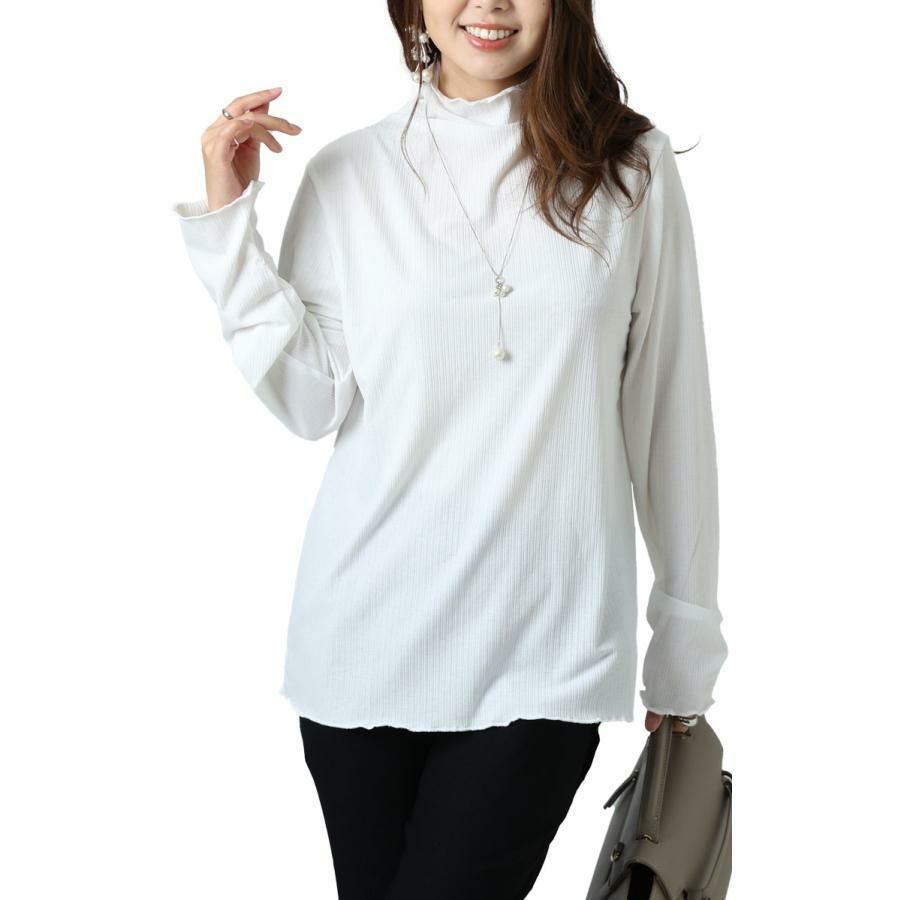 大きいサイズ レディース 指穴メローハイネックリブトップス　maru-6618 【ゆうパケット可】 オフホワイト