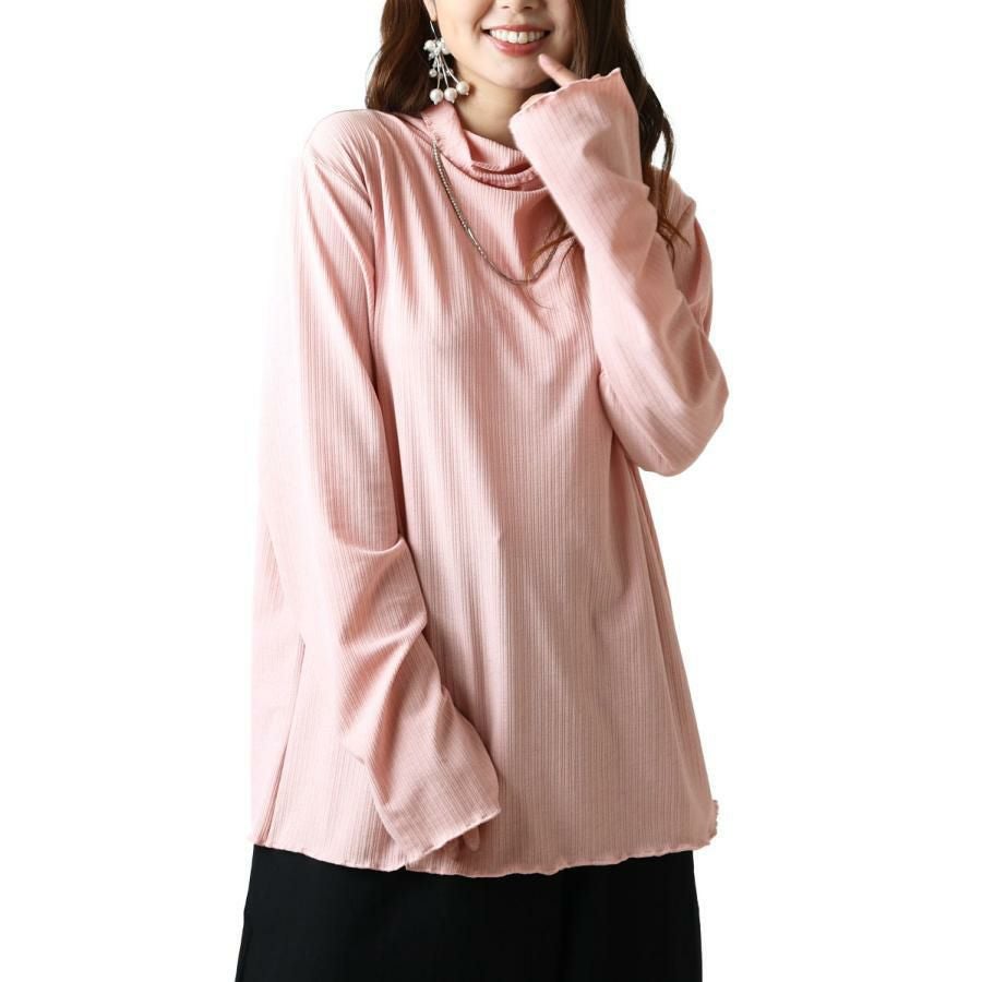 大きいサイズ レディース 指穴メローハイネックリブトップス　maru-6618 【ゆうパケット可】 ピンク