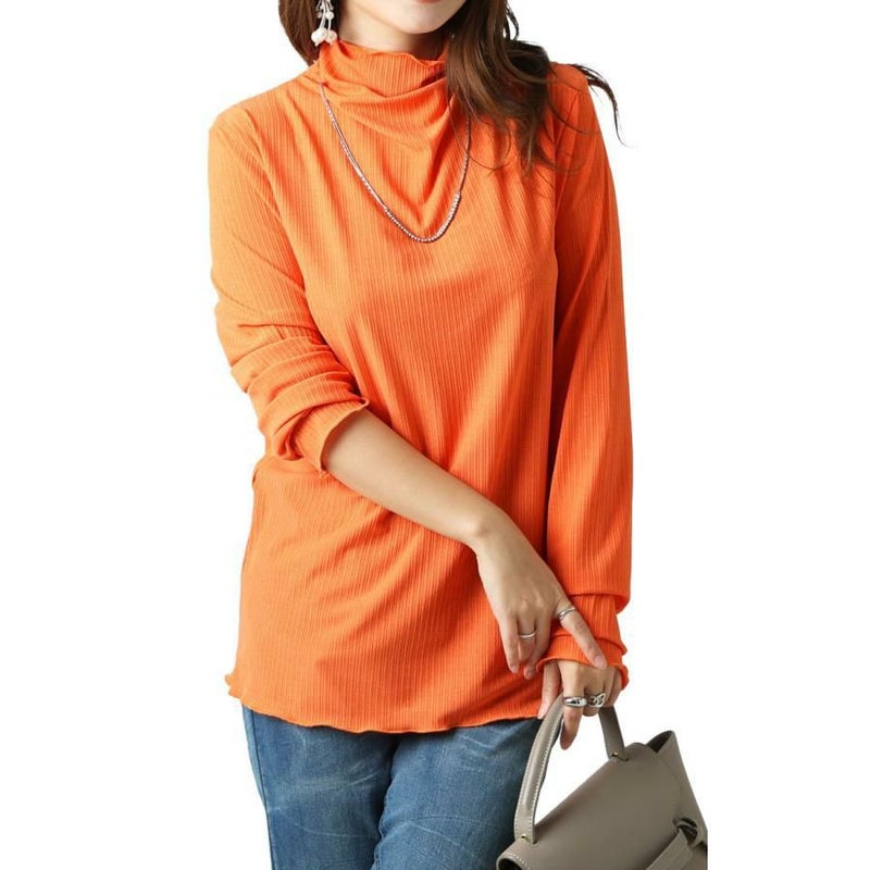 大きいサイズ レディース 指穴メローハイネックリブトップス　maru-6618 【ゆうパケット可】 オレンジ