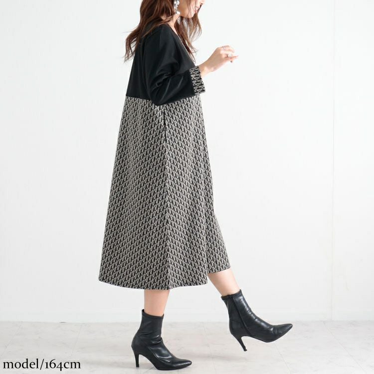 大きいサイズ レディース ジャガード切替えAラインワンピース　maru-6614