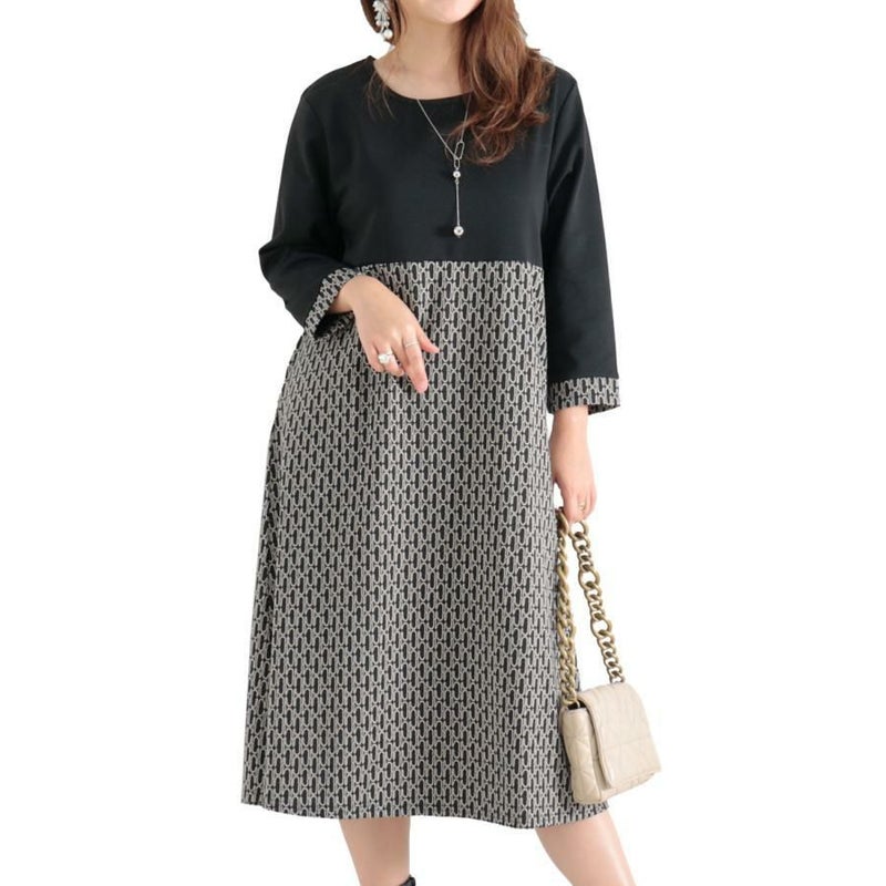 大きいサイズ レディース ジャガード切替えAラインワンピース　maru-6614 ブラック