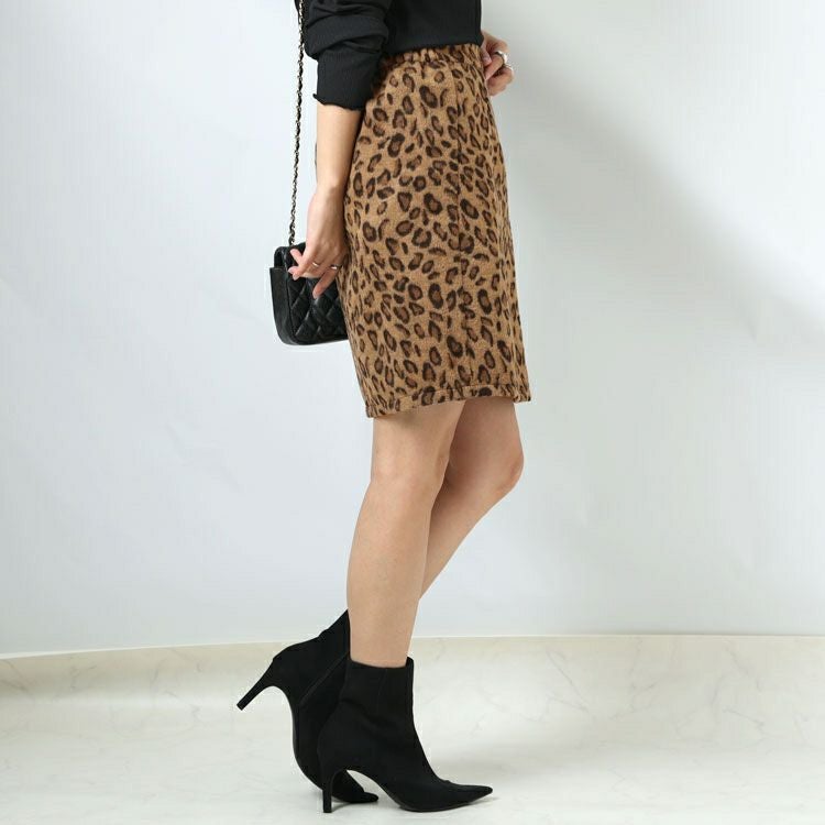 大きいサイズ レディース 表起毛レオパード柄ミニタイトスカート　fem-279