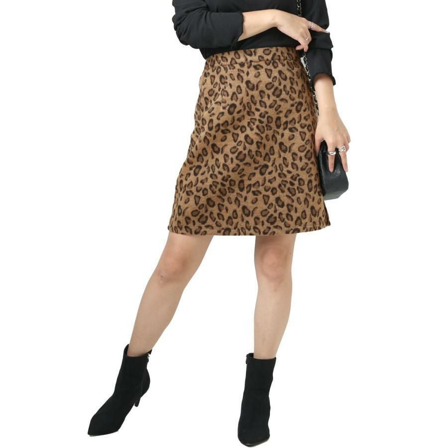 大きいサイズ レディース 表起毛レオパード柄ミニタイトスカート　fem-279 ブラウン