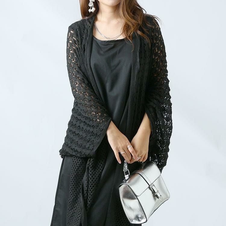 大きいサイズ レディース 透かし編みフリンジニットカーディガン　gold907 【メール便可】 ブラック