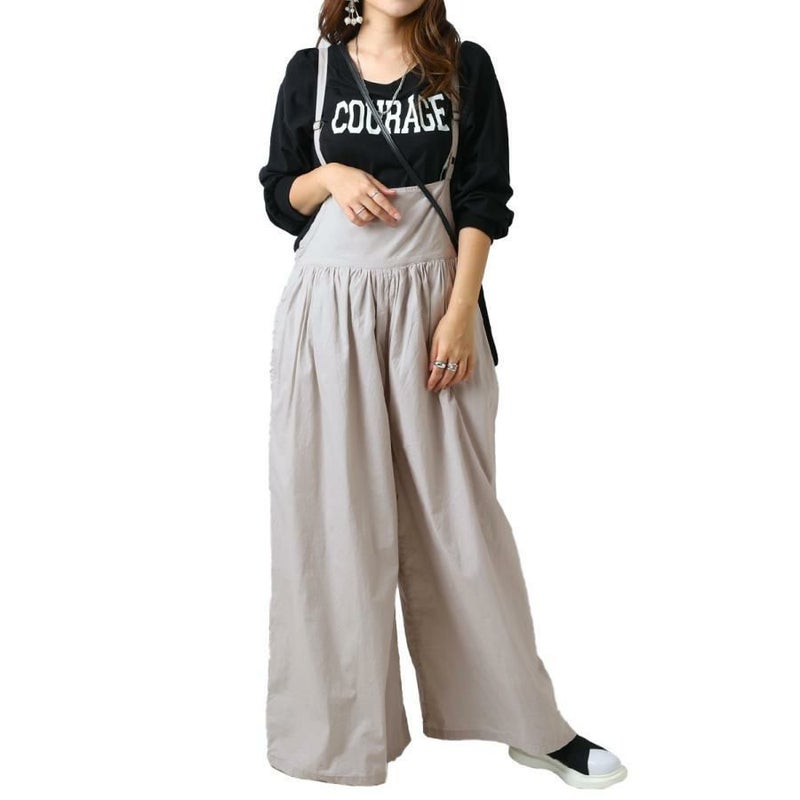 大きいサイズ レディース ギャザーサロペットワイドパンツ　wc-0271 ライトグレー