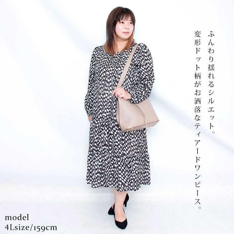 大きいサイズ レディース 変形ドット柄ティアードワンピース goldy