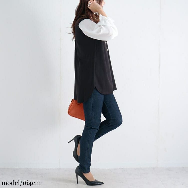 大きいサイズ レディース フェイクレイヤード異素材ブラウス　fem-309