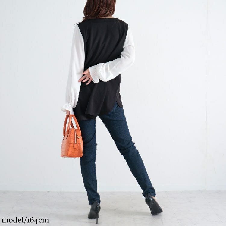 大きいサイズ レディース フェイクレイヤード異素材ブラウス　fem-309