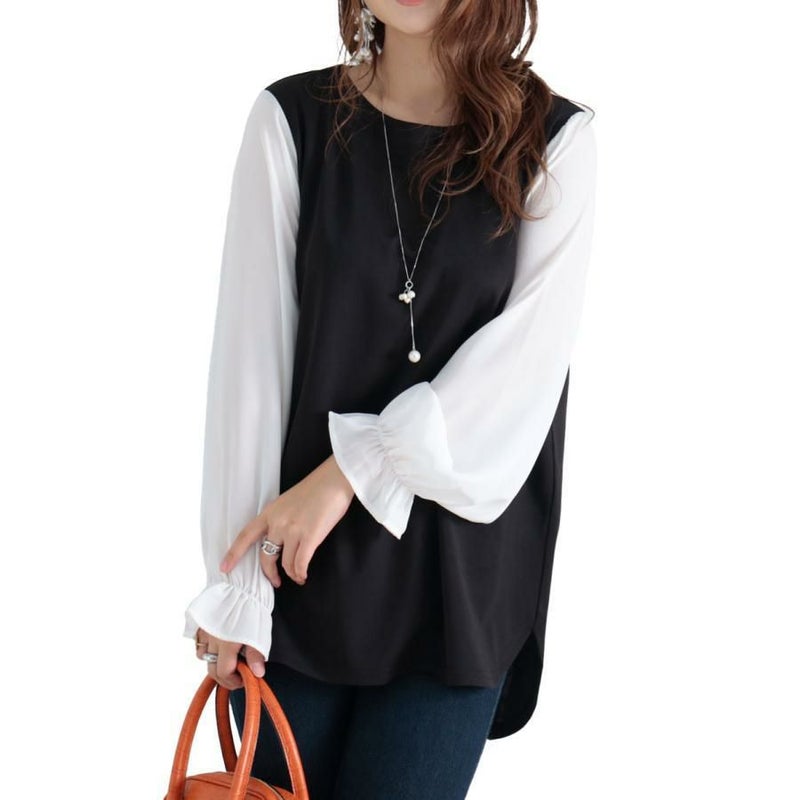 大きいサイズ レディース フェイクレイヤード異素材ブラウス　fem-309 ブラック