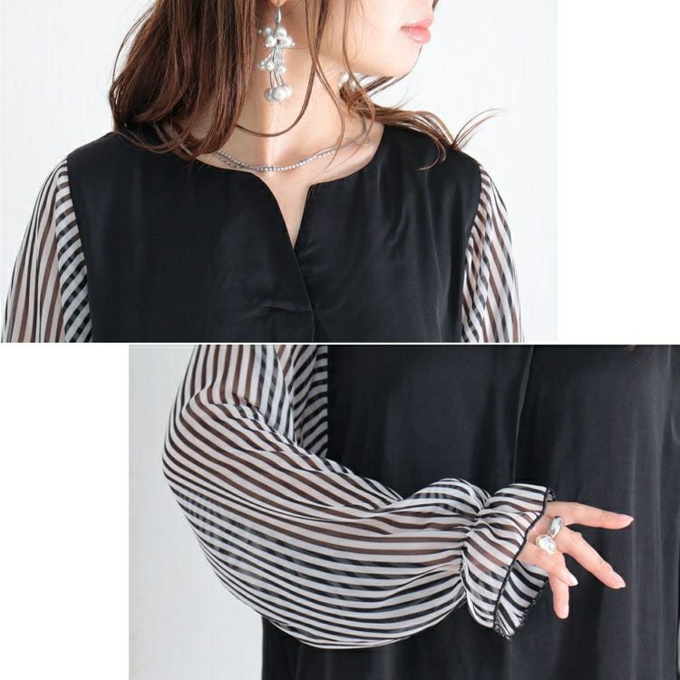 大きいサイズ レディース ストライプ袖スキッパーブラウス　fem-307