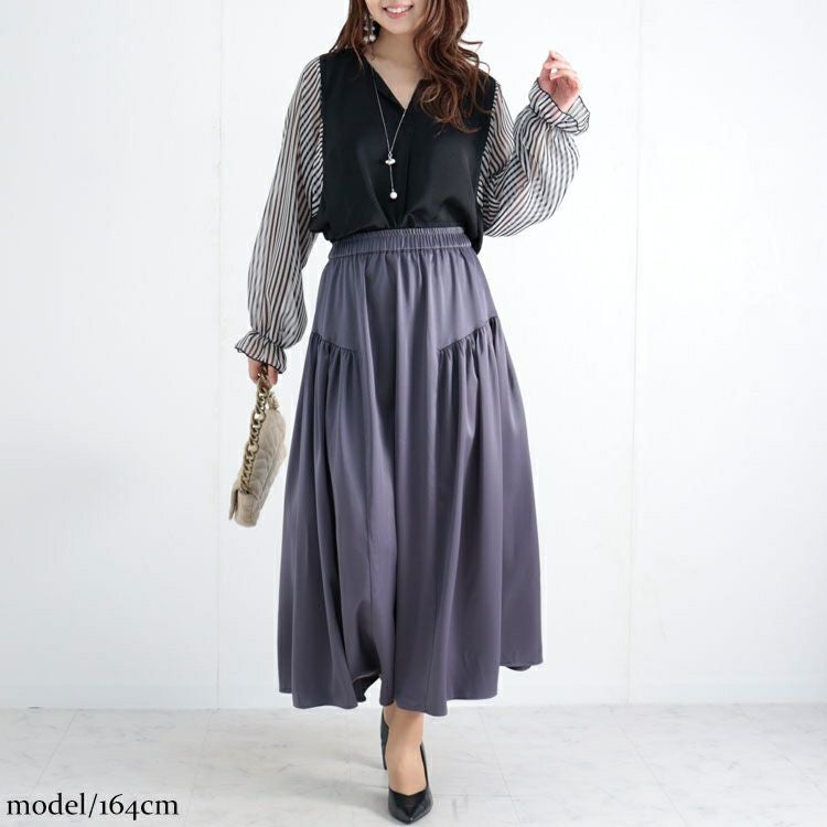 大きいサイズ レディース ストライプ袖スキッパーブラウス　fem-307