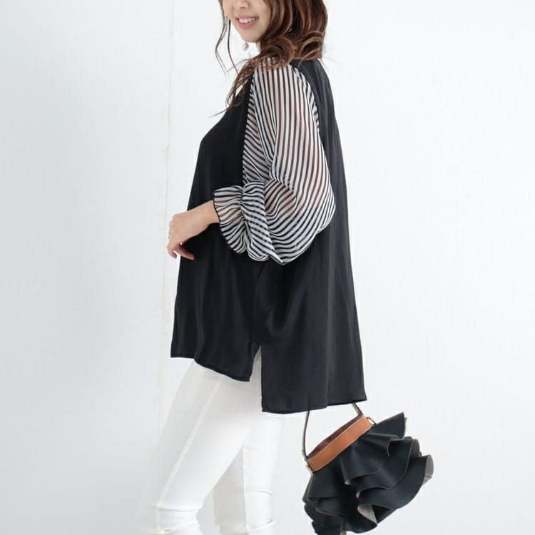 大きいサイズ レディース ストライプ袖スキッパーブラウス　fem-307