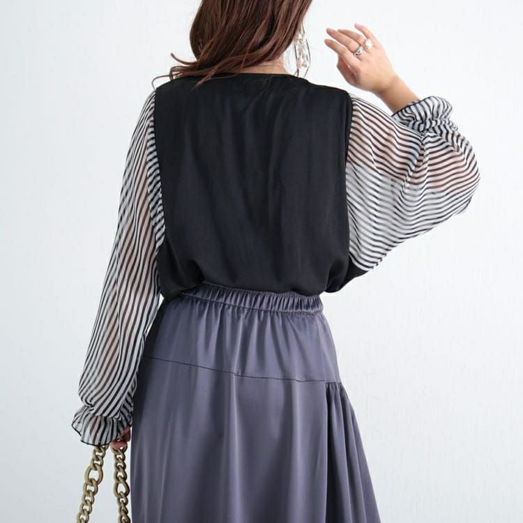 大きいサイズ レディース ストライプ袖スキッパーブラウス　fem-307