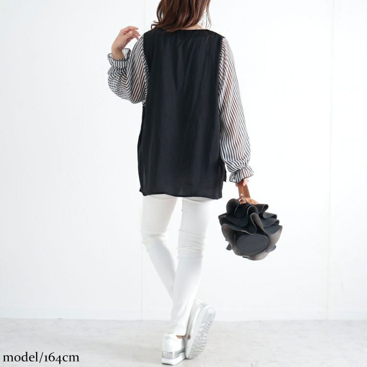 大きいサイズ レディース ストライプ袖スキッパーブラウス　fem-307