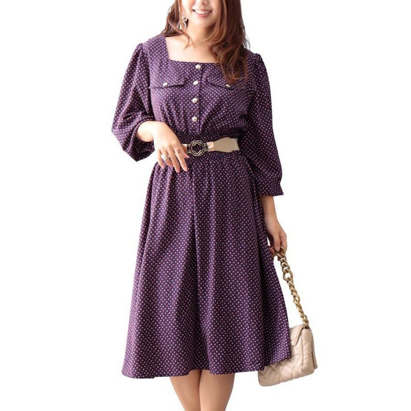 大きいサイズ レディース スクエアネックワンピース　fem-280 ネイビー