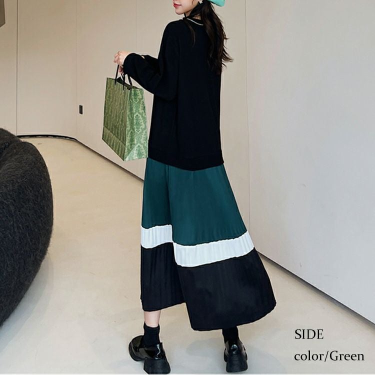 大きいサイズ レディース ドッキングプリーツワンピース　goldy-1136