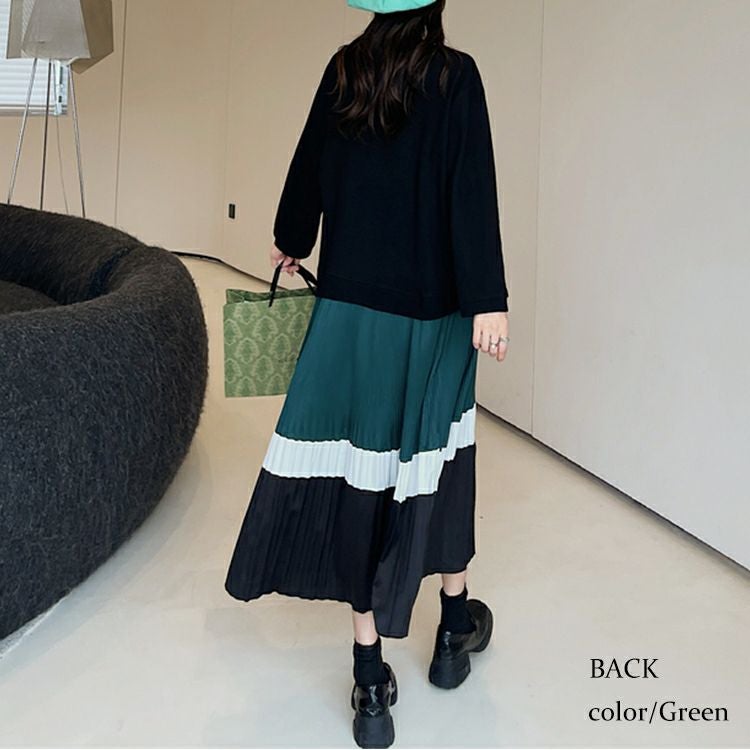 大きいサイズ レディース ドッキングプリーツワンピース　goldy-1136