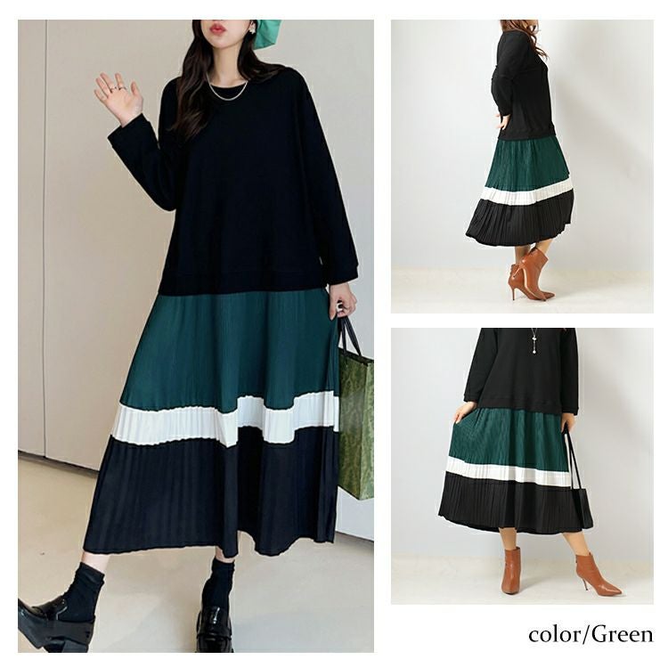 大きいサイズ レディース ドッキングプリーツワンピース　goldy-1136