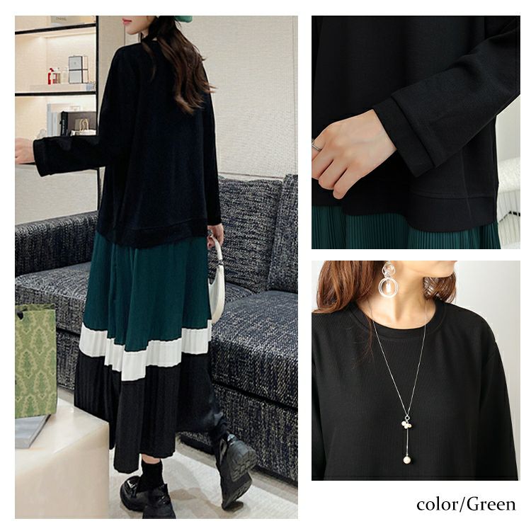 大きいサイズ レディース ドッキングプリーツワンピース　goldy-1136