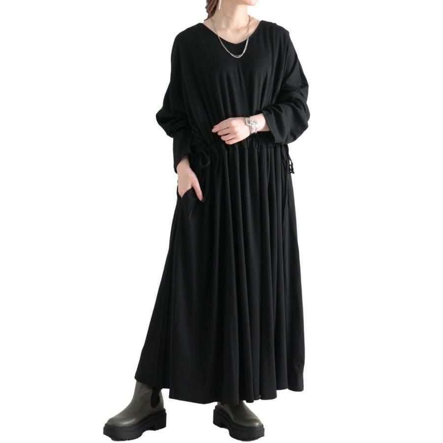 大きいサイズ レディース ウエストドロストワンピース　nw-22029 ブラック