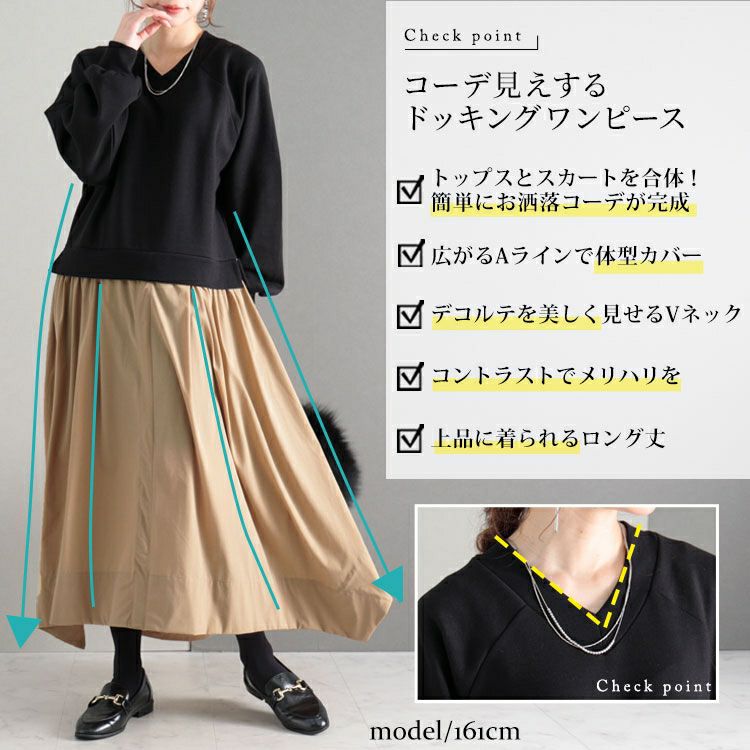 大きいサイズ レディース 異素材ドッキングワンピース　nw-22019