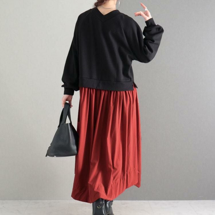 大きいサイズ レディース 異素材ドッキングワンピース　nw-22019 レッド