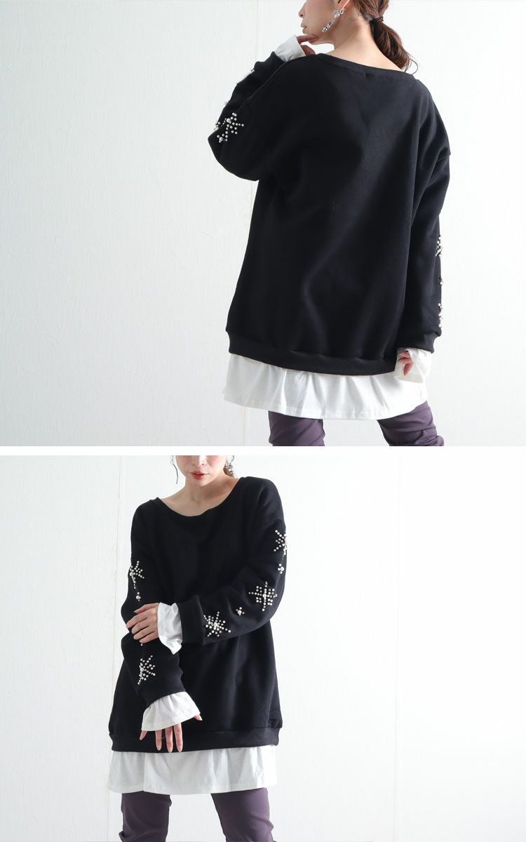 大きいサイズ レディース 袖ビジュー付き裏起毛トレーナー　goldy-349s