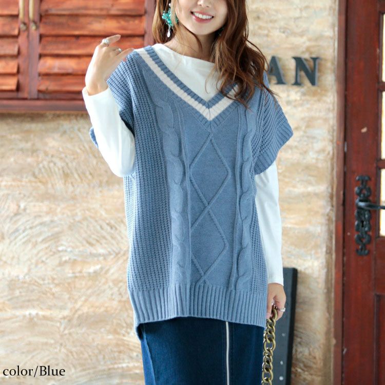 大きいサイズ レディース チルデンニットベスト　sada-6824