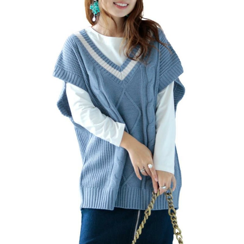 大きいサイズ レディース チルデンニットベスト　sada-6824 ブルー