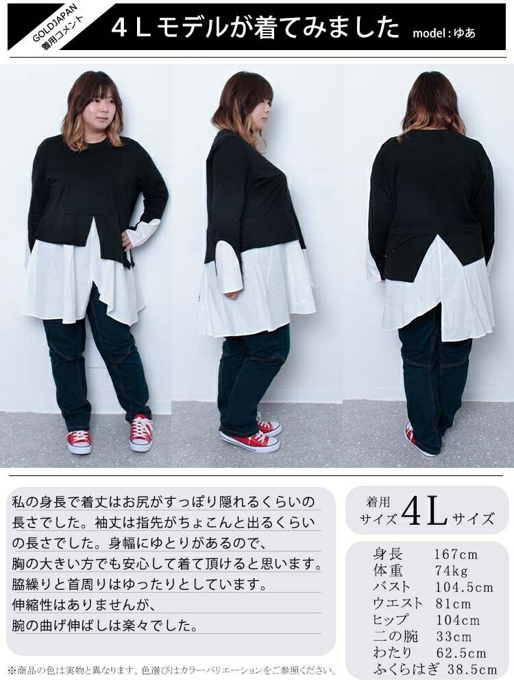 大きいサイズ レディース レイヤード風アシンメトリートップス　goldy-1155