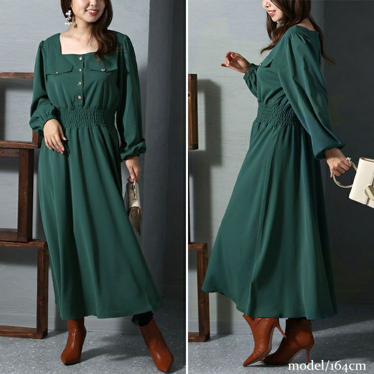 大きいサイズ レディース スクエアネックシャーリングワンピース　fem-299