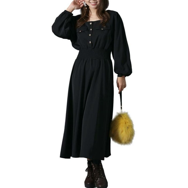 大きいサイズ レディース スクエアネックシャーリングワンピース　fem-299 ブラック