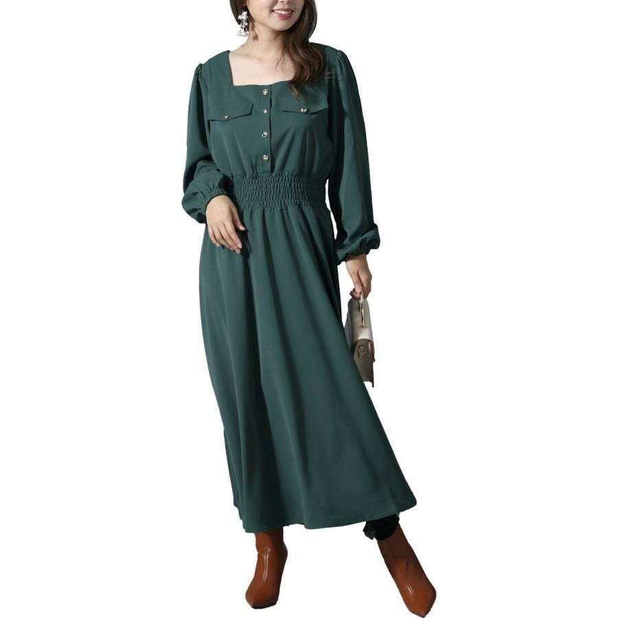 大きいサイズ レディース スクエアネックシャーリングワンピース　fem-299 グリーン