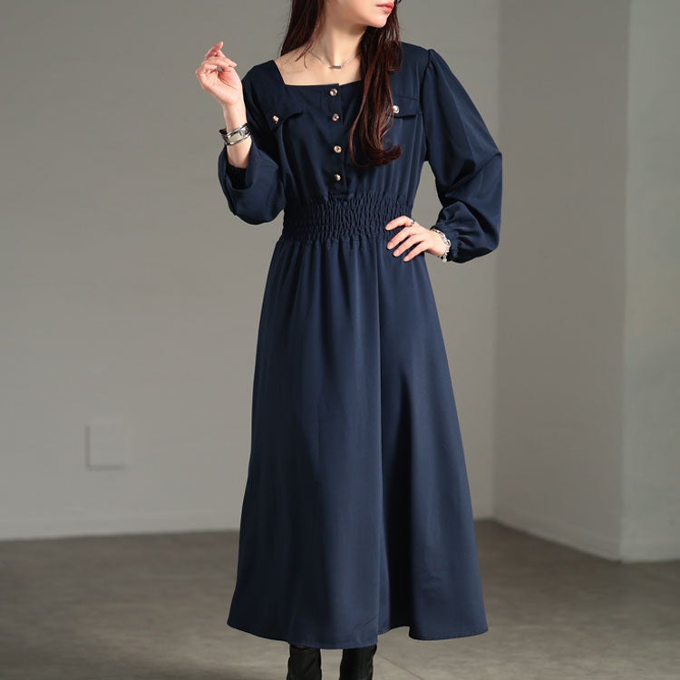 大きいサイズ レディース スクエアネックシャーリングワンピース　fem-299 テラコッタ