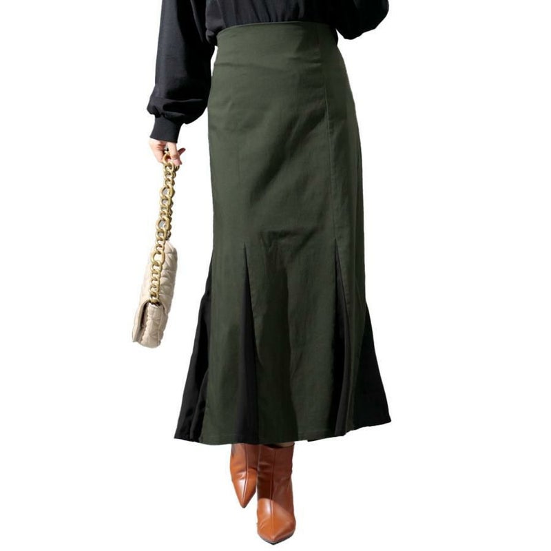 大きいサイズ レディース 異素材切替えマーメイドスカート　fem-296 カーキ