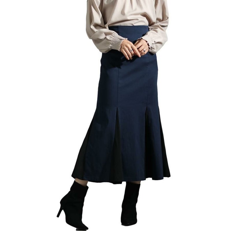 大きいサイズ レディース 異素材切替えマーメイドスカート　fem-296 ネイビー