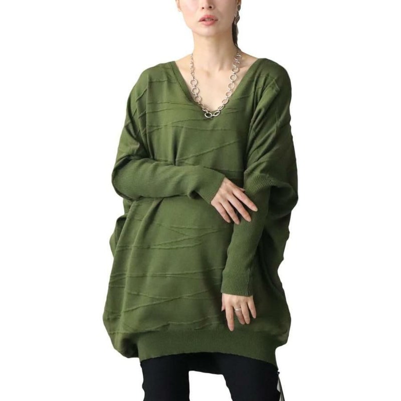 大きいサイズ レディース コットンニットドルマンコクーンチュニック　gold925 カーキ